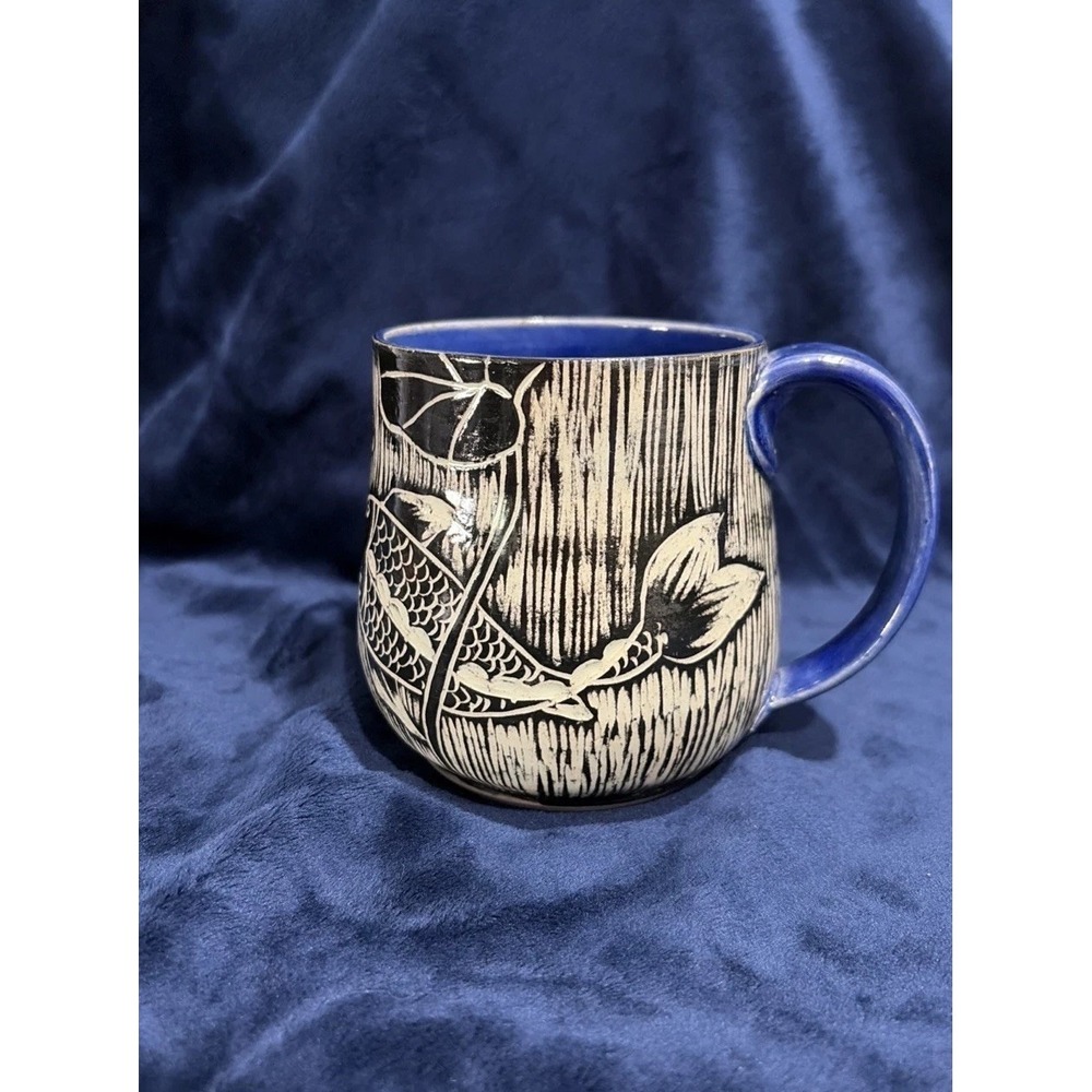 Danuta Loane Ceramics Handmade Sgraffito Koi Fish Pottery Mug Blue Inside